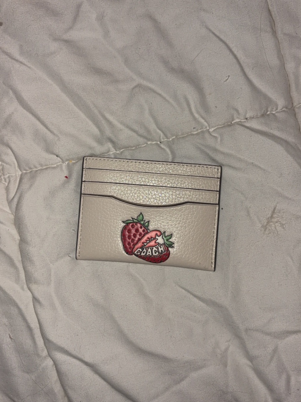 Coach Chalk Pebbled Leather Card Case with Strawberry Patch